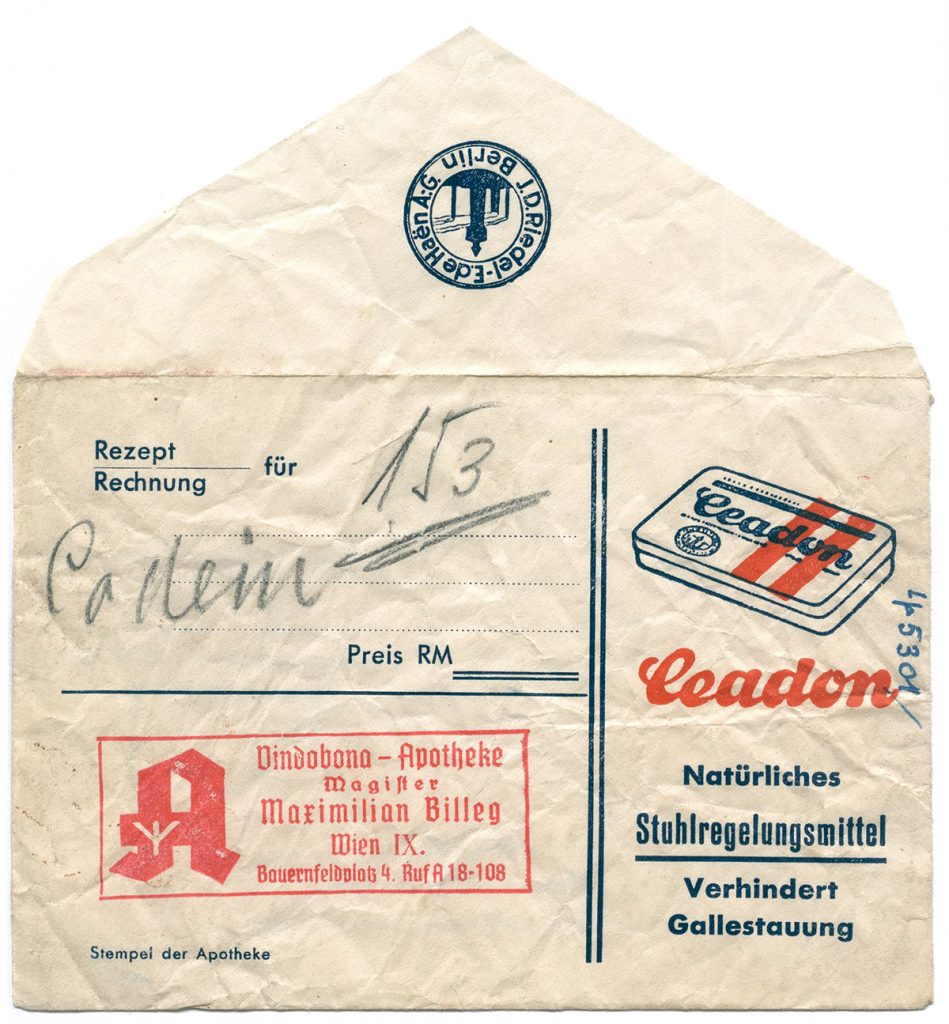 Codeine envelope/perscription issued by M. Billeg pharmacy in Vienna, found at the former camp grounds, PMM