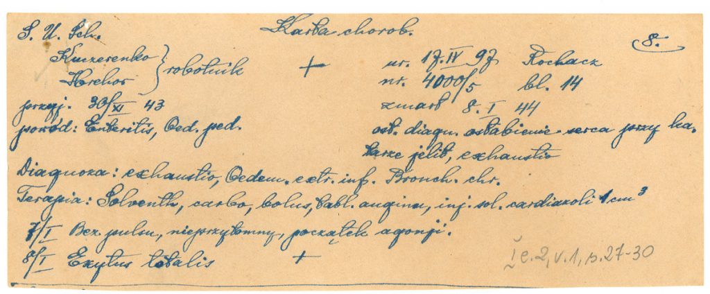 Karta chorobowa Herehora Kuczerenki. Zmarł 8 stycznia 1944 r. z powodu wycieńczenia organizmu i biegunki, PMM