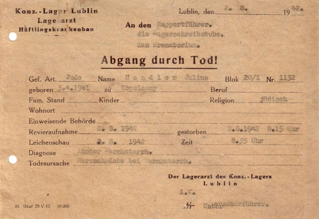 ystawiona przez lekarza SS karta zgonu Żyda słowackiego Juliusa Handlera, który zmarł 2 sierpnia 1942 r., PMM