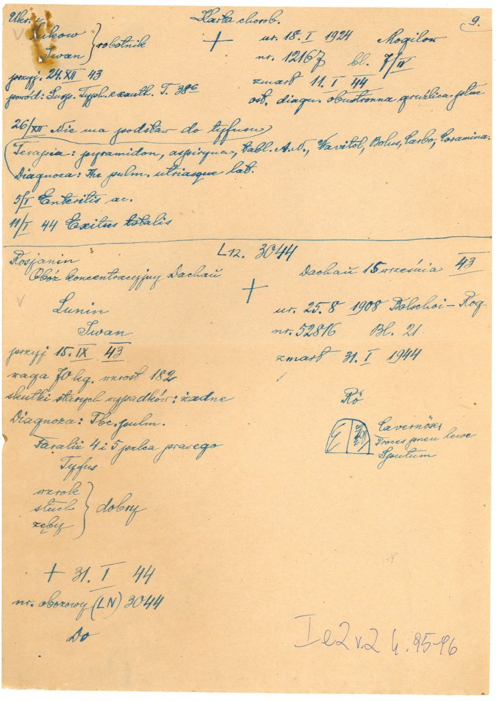 Karta chorobowa Iwana Lunina. Zmarł 31 stycznia 1944 r. z powodu gruźlicy, PMM