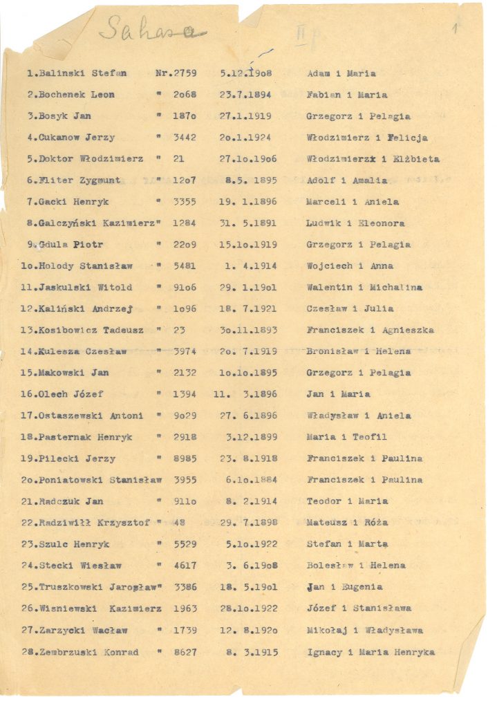 Akta OPUS, 1943–1944. Wykaz więźniów II pola, PMM