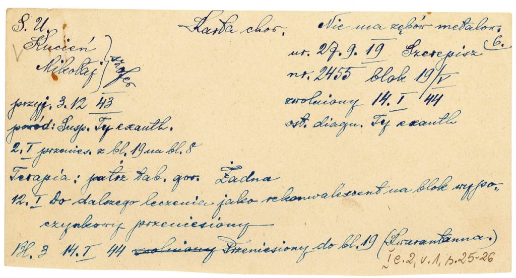 Mikołaj Kucień's medical record with the annotation: "Treatment: None", PMM