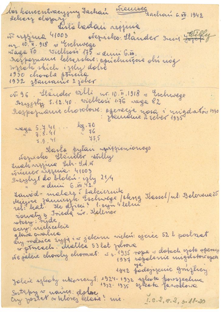 Karta chorobowa Willego Ständera deportowanego na Majdanek z KL Dachau w styczniu 1944 r., PMM